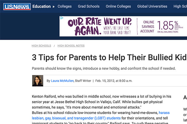 Cover of US News: "3 Tips for Parents to Help their Bullied Kid"
